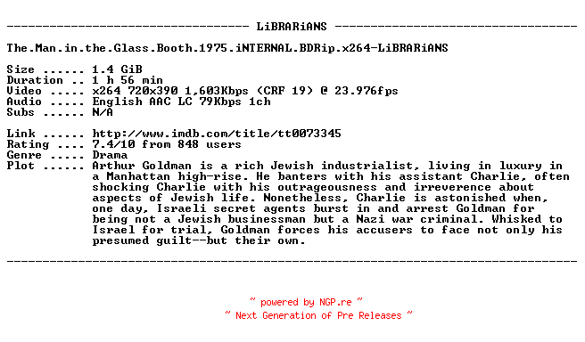 NFO for the release The.Man.in.the.Glass.Booth.1975.iNTERNAL.BDRip.x264-LiBRARiANS by LiBRARiANS