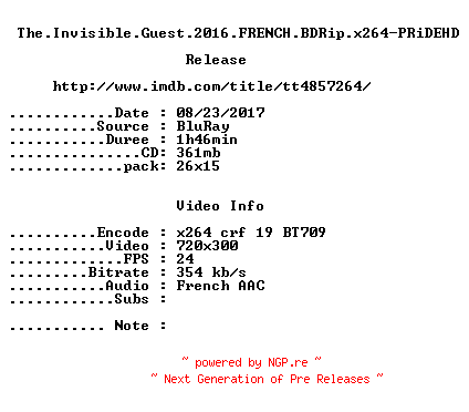 NFO for the release The.Invisible.Guest.2016.FRENCH.BDRip.x264-PRiDEHD by PRiDEHD