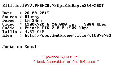 NFO for the release Bilitis.1977.FRENCH.720p.BluRay.x264-ZEST by ZEST
