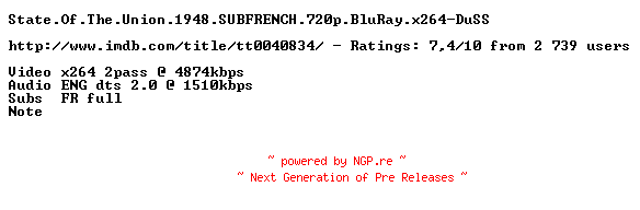 NFO for the release State.Of.The.Union.1948.SUBFRENCH.720p.BluRay.x264-DuSS by DuSS