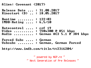 NFO for the release Alien.Covenant.German.2017.AC3.BDRip.x264-COiNCiDENCE by COiNCiDENCE