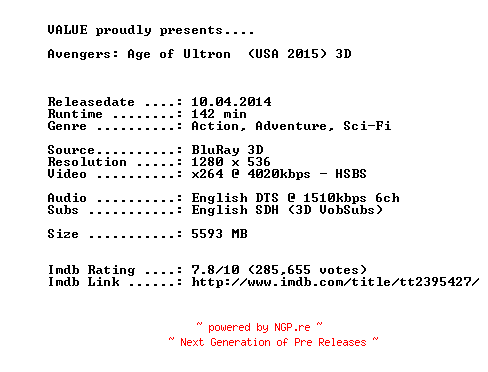 NFO for the release Avengers.Age.of.Ultron.2015.3D.720p.BluRay.x264-VALUE by VALUE