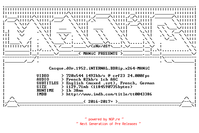 NFO for the release Casque.dOr.1952.iNTERNAL.BDRip.x264-MANiC by MANiC