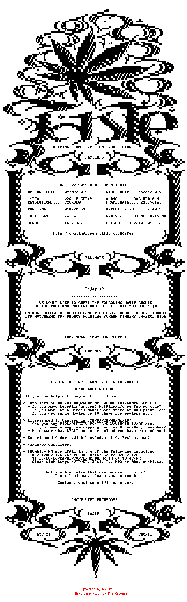 NFO for the release Awol-72.2015.BDRiP.X264-TASTE by TASTE