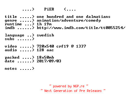 NFO for the release 101.Dalmatians.1961.iNTERNAL.SWEDiSH.BDRip.x264-PiER by PiER