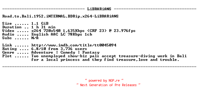 NFO for the release Road.to.Bali.1952.iNTERNAL.BDRip.x264-LiBRARiANS by LiBRARiANS