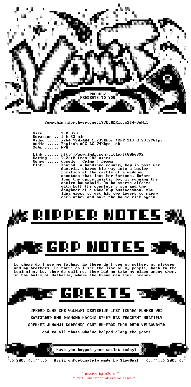NFO for the release Something.for.Everyone.1970.BDRip.x264-VoMiT by VoMiT