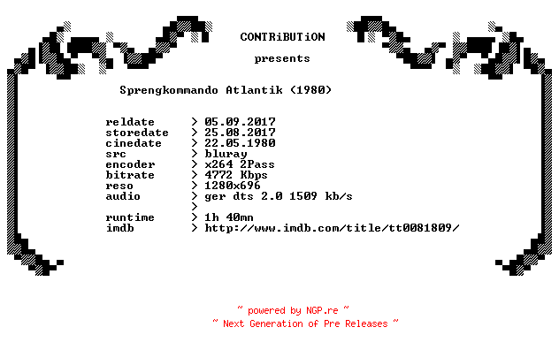 NFO for the release Sprengkommando.Atlantik.1980.German.720p.BluRay.x264-CONTRiBUTiON by CONTRiBUTiON