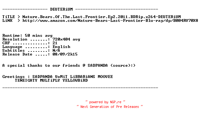 NFO for the release Nature.Bears.Of.The.Last.Frontier.Ep2.2011.BDRip.x264-DEUTERiUM by DEUTERiUM