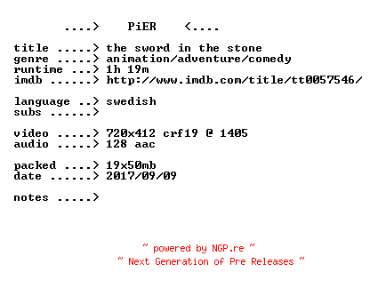 NFO for the release The.Sword.In.The.Stone.1963.iNTERNAL.SWEDiSH.BDRip.x264-PiER by PiER