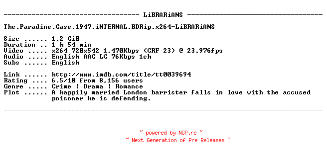 NFO for the release The.Paradine.Case.1947.iNTERNAL.BDRip.x264-LiBRARiANS by LiBRARiANS