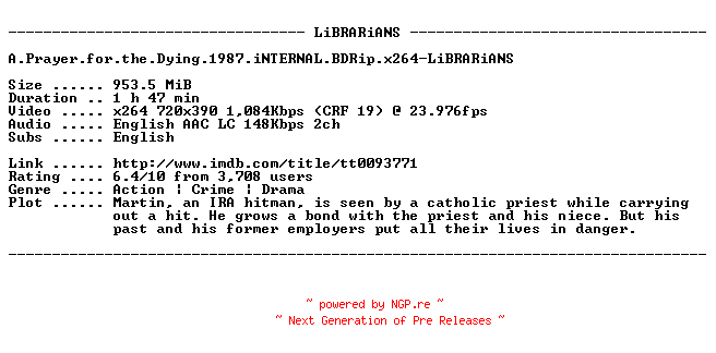 NFO for the release A.Prayer.for.the.Dying.1987.iNTERNAL.BDRip.x264-LiBRARiANS by LiBRARiANS