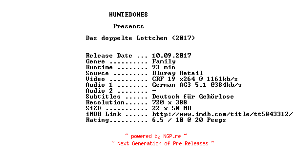 NFO for the release Das.doppelte.Lottchen.German.2017.AC3.BDRip.x264-HUNTEDONES by HUNTEDONES