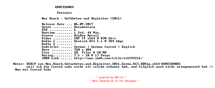 NFO for the release Neo.Rauch.Gefaehrten.und.Begleiter.2016.German.RERIP.AC3.BDRip.x264-HUNTEDONES by HUNTEDONES