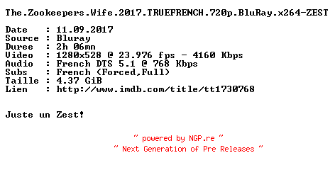 NFO for the release The.Zookeepers.Wife.2017.TRUEFRENCH.720p.BluRay.x264-ZEST by ZEST