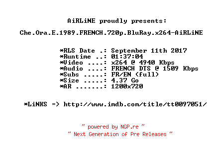 NFO for the release Che.Ora.E.1989.FRENCH.720p.BluRay.x264-AiRLiNE by AiRLiNE