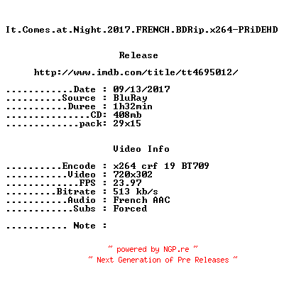 NFO for the release It.Comes.at.Night.2017.FRENCH.BDRip.x264-PRiDEHD by PRiDEHD