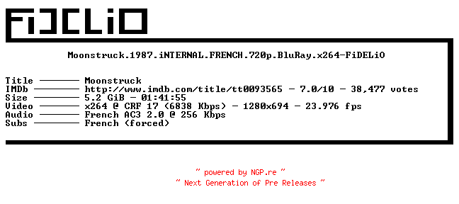 NFO for the release Moonstruck.1987.iNTERNAL.FRENCH.720p.BluRay.x264-FiDELiO by FiDELiO