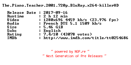 NFO for the release The.Piano.Teacher.2001.720p.BluRay.x264-killerHD by killerHD