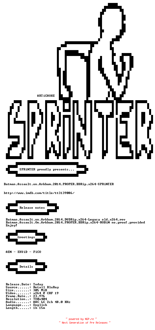 NFO for the release Batman.Assault.on.Arkham.2014.REAL.PROPER.BDRip.x264-SPRiNTER by SPRiNTER