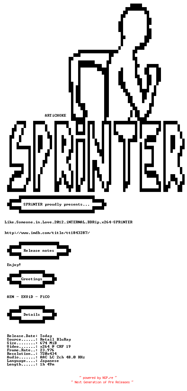 NFO for the release Like.Someone.in.Love.2012.iNTERNAL.BDRip.x264-SPRiNTER by SPRiNTER