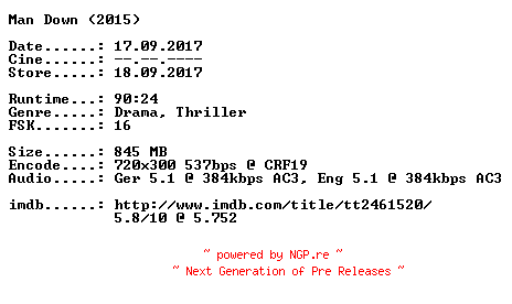 NFO for the release Man.Down.German.2015.DL.BDRiP.x264-CiNEViSiON by CiNEViSiON