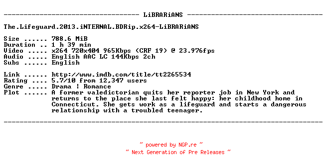 NFO for the release The.Lifeguard.2013.iNTERNAL.BDRip.x264-LiBRARiANS by LiBRARiANS