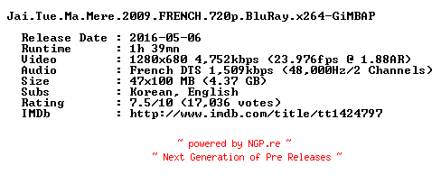 NFO for the release Jai.Tue.Ma.Mere.2009.FRENCH.720p.BluRay.x264-GiMBAP by GiMBAP