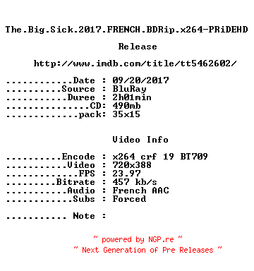 NFO for the release The.Big.Sick.2017.FRENCH.BDRip.x264-PRiDEHD by PRiDEHD