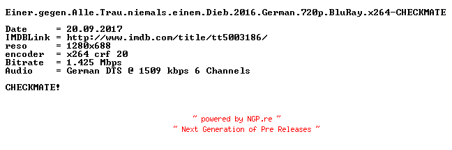 NFO for the release Einer.gegen.Alle.Trau.niemals.einem.Dieb.2016.German.720p.BluRay.x264-CHECKMATE by CHECKMATE
