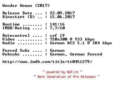 NFO for the release Wonder.Woman.German.2017.AC3.BDRip.x264-COiNCiDENCE by COiNCiDENCE