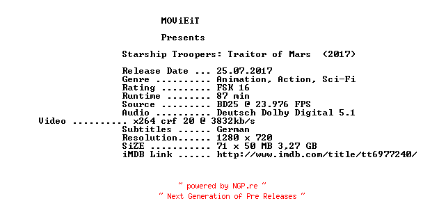 NFO for the release Starship.Troopers.Traitor.of.Mars.2017.German.720p.BluRay.x264-MOViEiT by MOViEiT