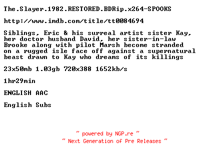 NFO for the release The.Slayer.1982.RESTORED.BDRip.x264-SPOOKS by SPOOKS