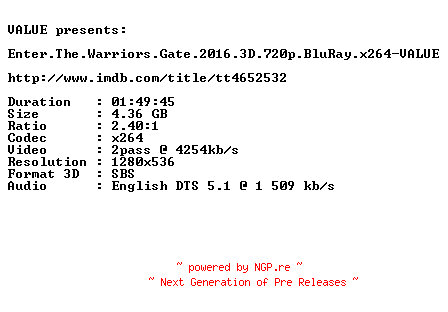 NFO for the release Enter.The.Warriors.Gate.2016.3D.720p.BluRay.x264-VALUE by VALUE