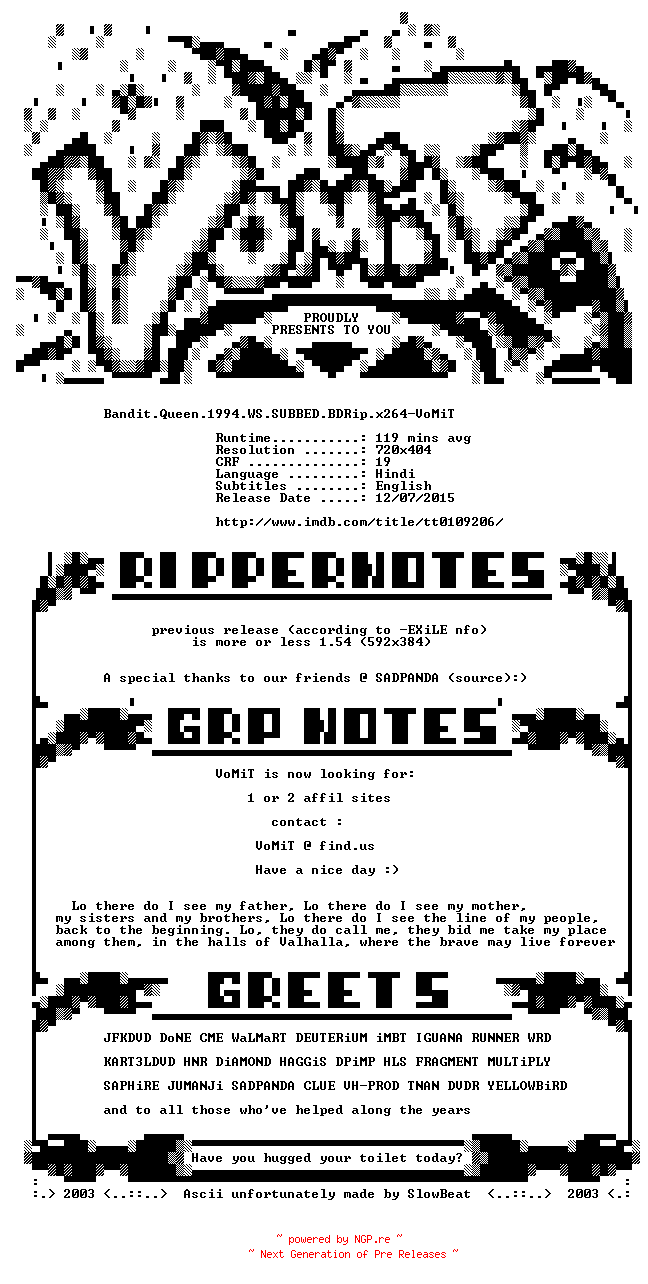 NFO for the release Bandit.Queen.1994.WS.SUBBED.BDRip.x264-VoMiT by VoMiT