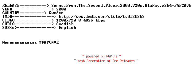 NFO for the release Songs.From.The.Second.Floor.2000.720p.BluRay.x264-FAPCAVE by FAPCAVE