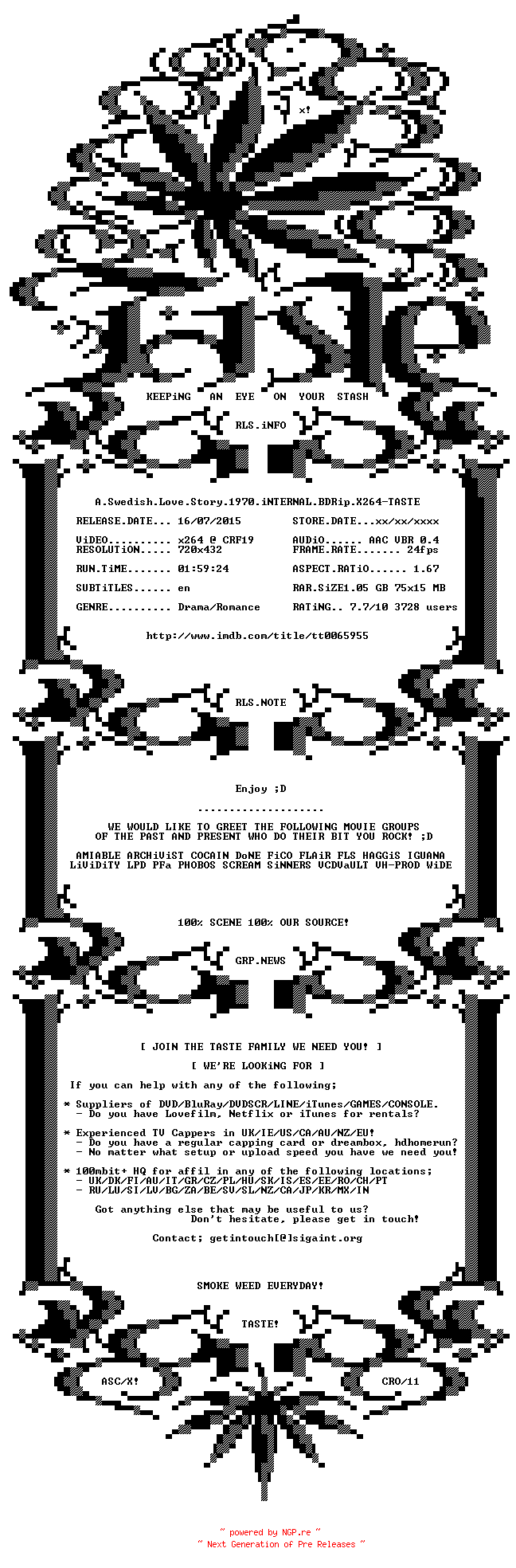 NFO for the release A.Swedish.Love.Story.1970.iNTERNAL.BDRiP.X264-TASTE by TASTE