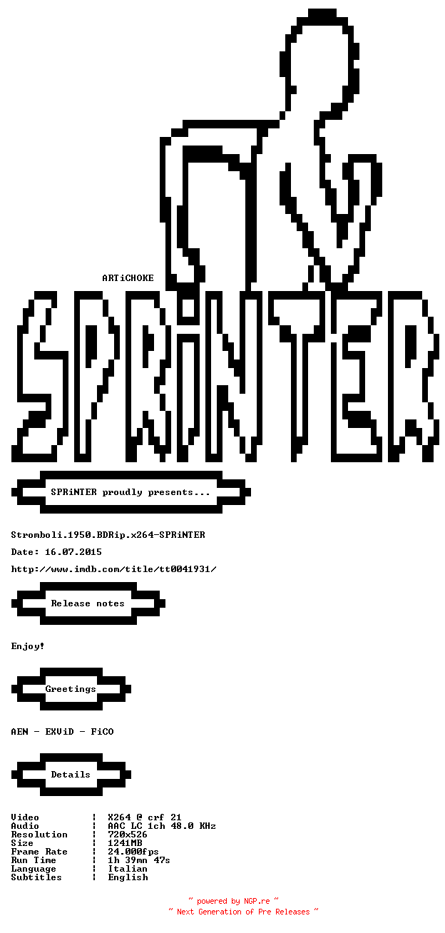 NFO for the release Stromboli.1950.BDRip.x264-SPRiNTER by SPRiNTER