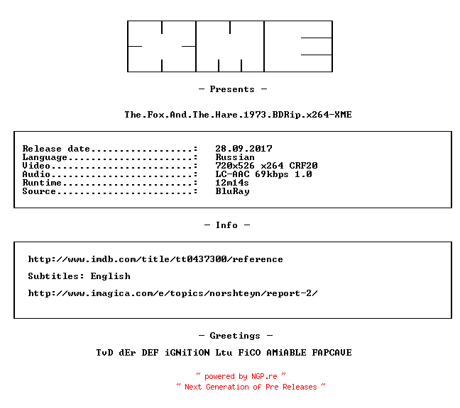 NFO for the release The.Fox.And.The.Hare.1973.BDRip.x264-XME by XME