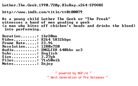 NFO for the release Luther.The.Geek.1990.720p.BluRay.x264-SPOOKS by SPOOKS