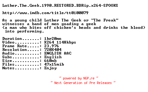 NFO for the release Luther.The.Geek.1990.RESTORED.BDRip.x264-SPOOKS by SPOOKS
