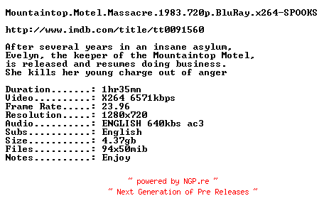 NFO for the release Mountaintop.Motel.Massacre.1983.720p.BluRay.x264-SPOOKS by SPOOKS