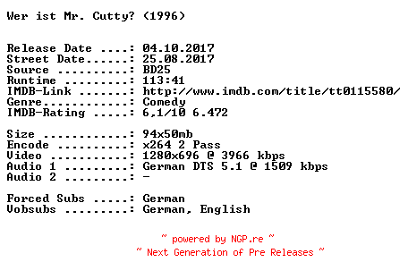 NFO for the release Wer.ist.Mr.Cutty.1996.German.720p.BluRay.x264-SPiCY by SPiCY