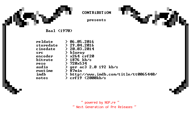 NFO for the release Baal.1970.German.BDRip.x264-CONTRiBUTiON by CONTRiBUTiON