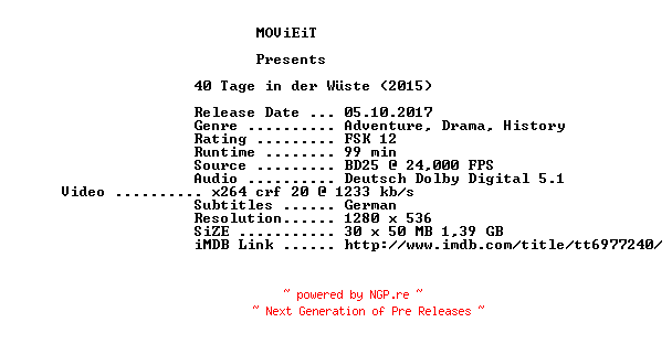 NFO for the release 40.Tage.in.der.Wueste.2015.German.720p.BluRay.x264-MOViEiT by MOViEiT
