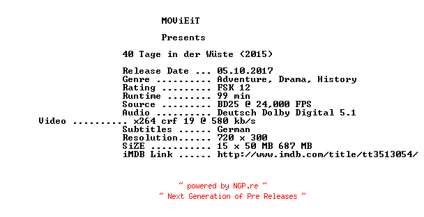 NFO for the release 40.Tage.in.der.Wueste.2015.German.BDRiP.x264-MOViEiT by MOViEiT