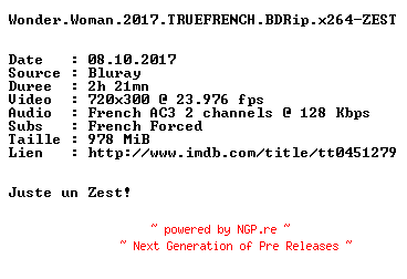 NFO for the release Wonder.Woman.2017.TRUEFRENCH.BDRip.x264-ZEST by ZEST