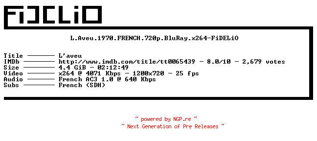NFO for the release L.Aveu.1970.FRENCH.720p.BluRay.x264-FiDELiO by FiDELiO