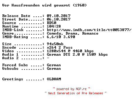 NFO for the release Vor.Hausfreunden.wird.gewarnt.1960.German.720p.BluRay.x264-SPiCY by SPiCY