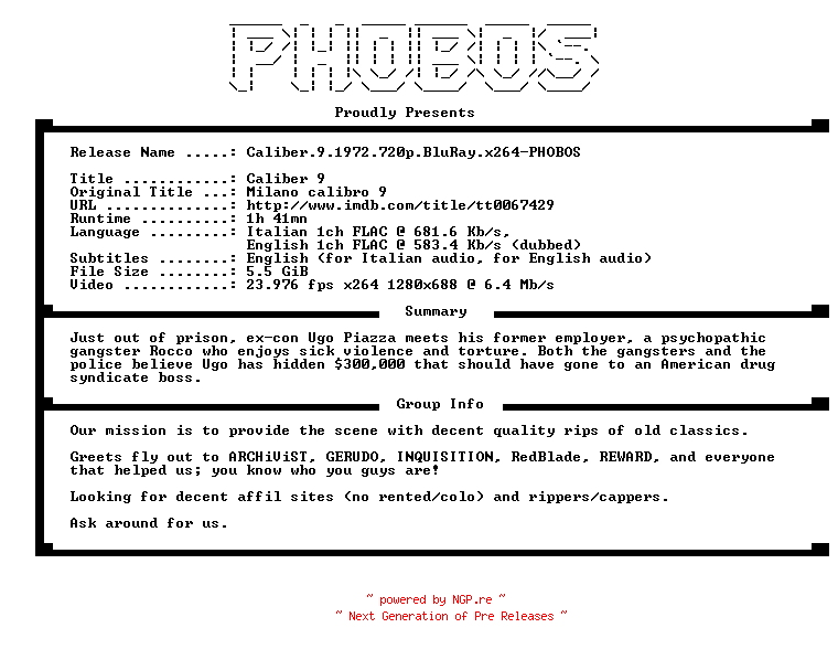 NFO for the release Caliber.9.1972.720p.BluRay.x264-PHOBOS by PHOBOS